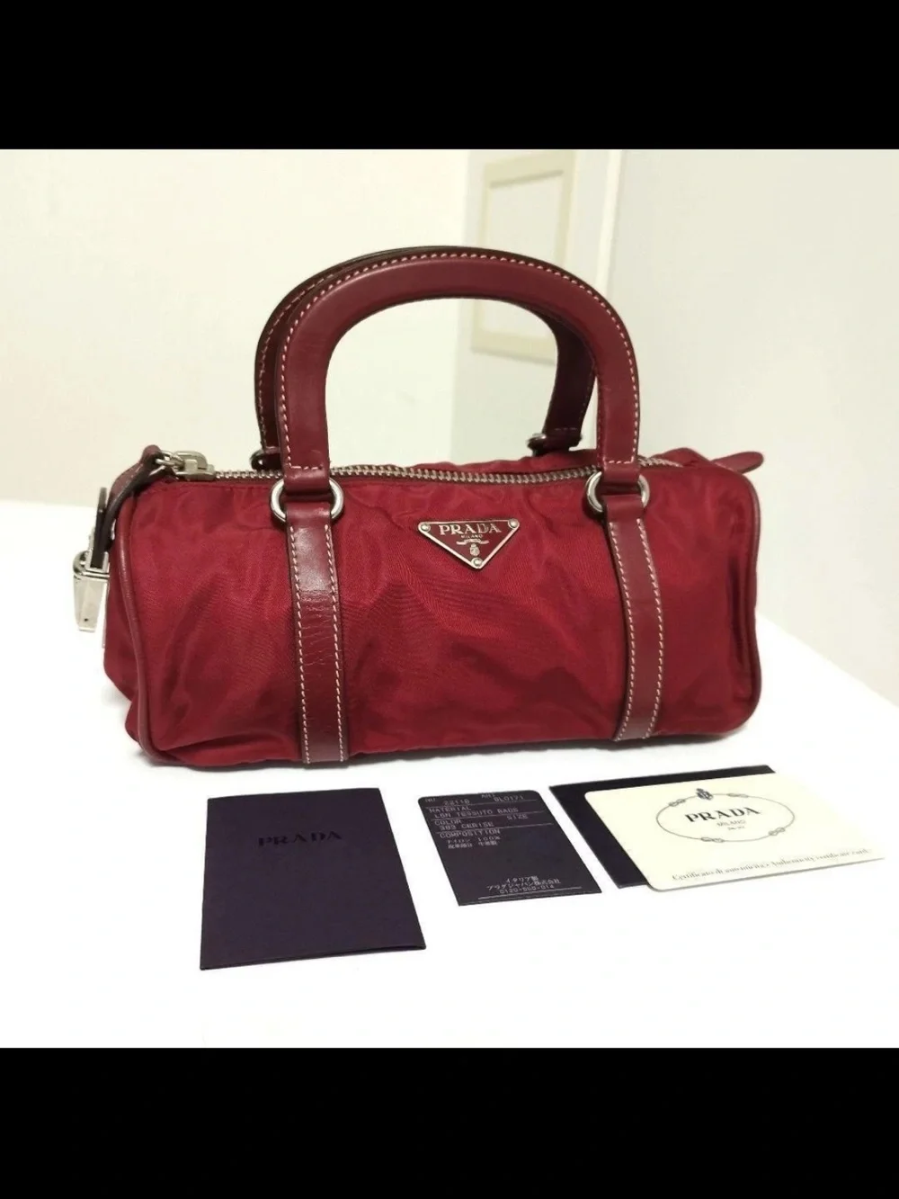 Prada Red Nylon Barrel Satchel with Leather Trim